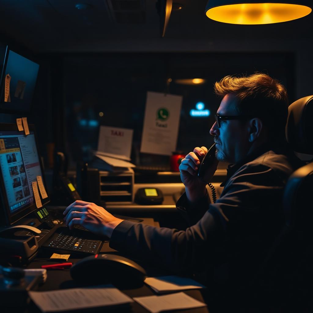 Small taxi operator on the phone at night at a cluttered dispatch desk
