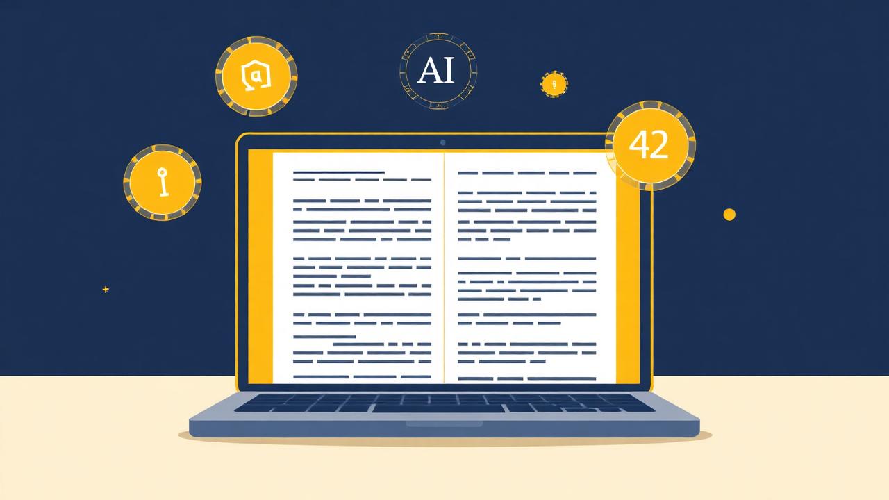 Illustration of a laptop showing a structured article with AI citation badges floating above it