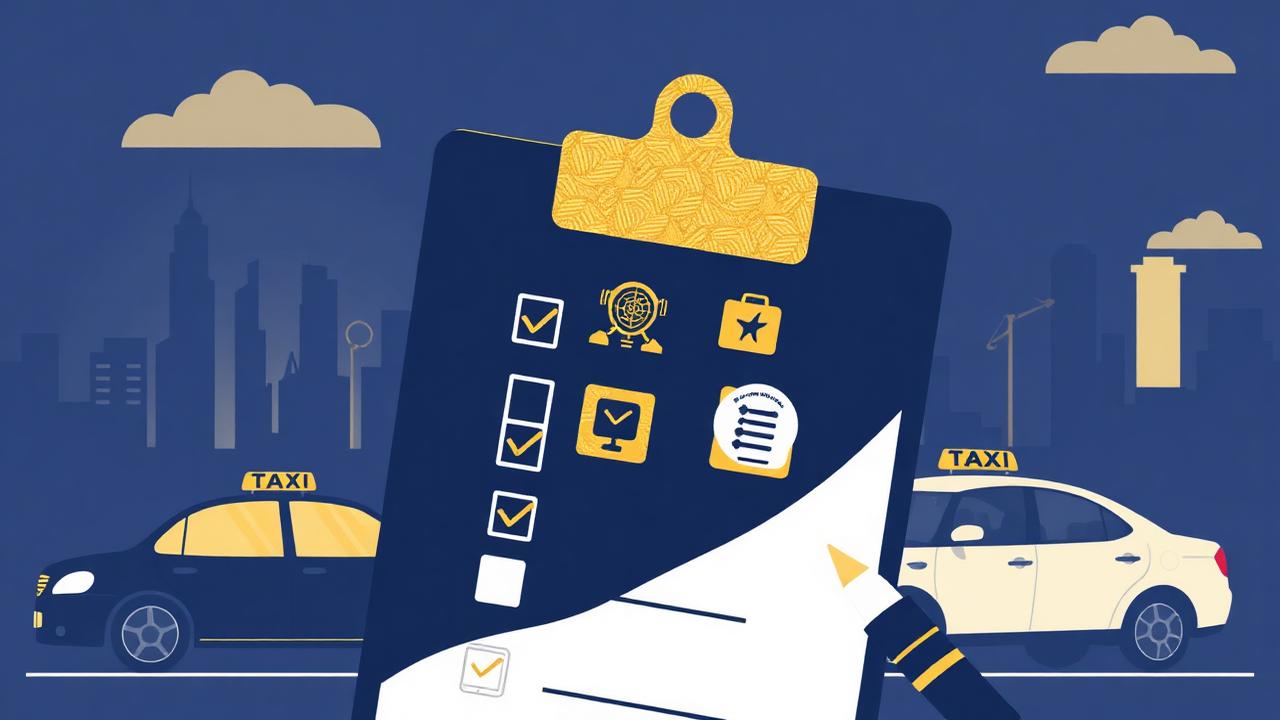Illustration of a checklist clipboard with search and AI icons and taxi silhouettes in the background