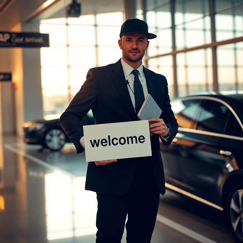 Chauffeur with welcome sign at airport arrivals, luxury sedan waiting outside