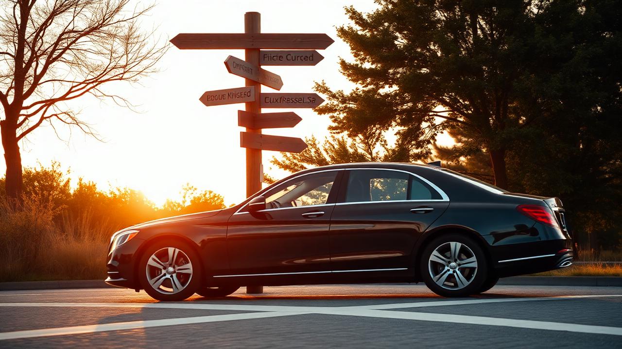 Signpost with directional arrows over black chauffeur car at crossroads at sunset