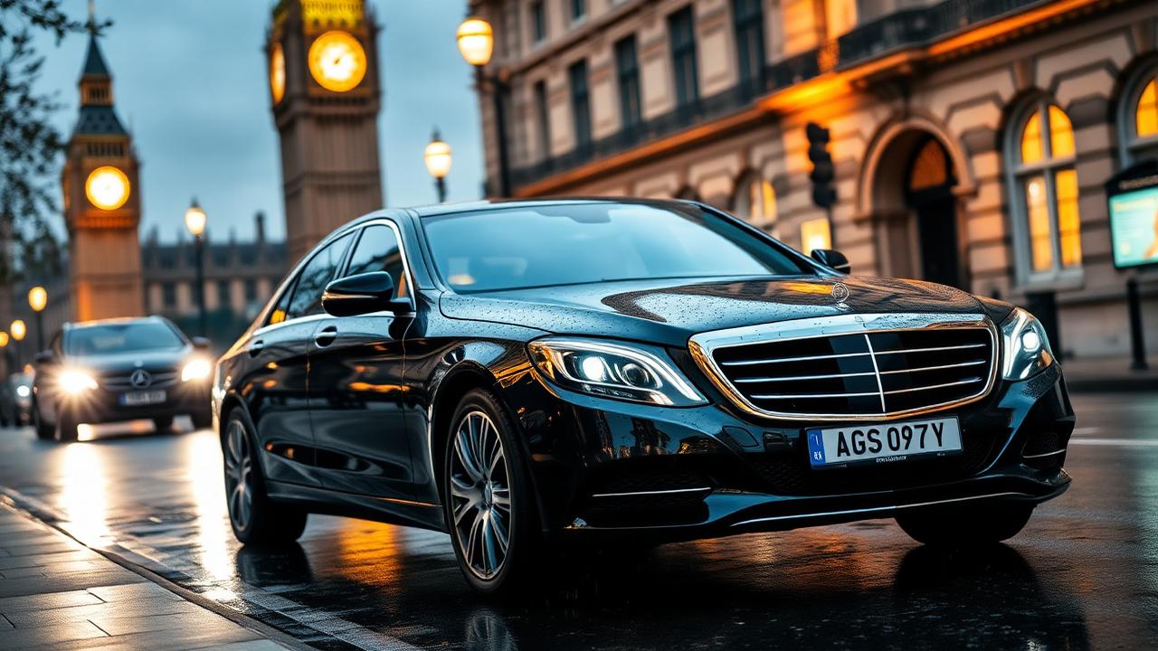 Black Mercedes chauffeur car on London street with Big Ben at dusk