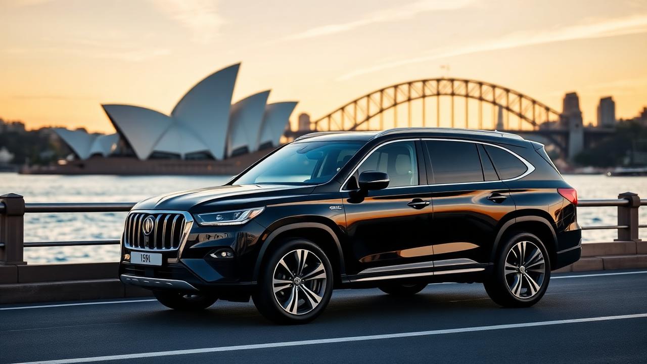 Black executive SUV in front of Sydney Opera House and Harbour Bridge at golden hour