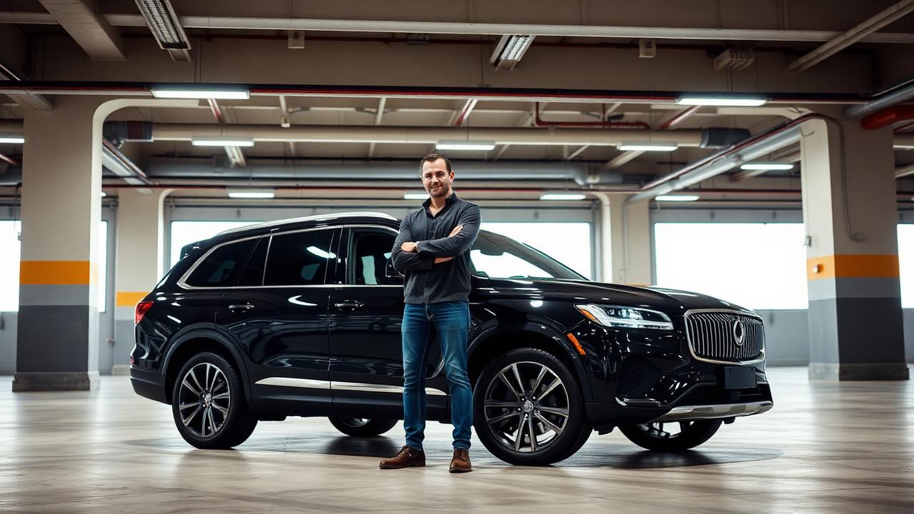 Owner-operator standing next to single luxury black SUV in city garage