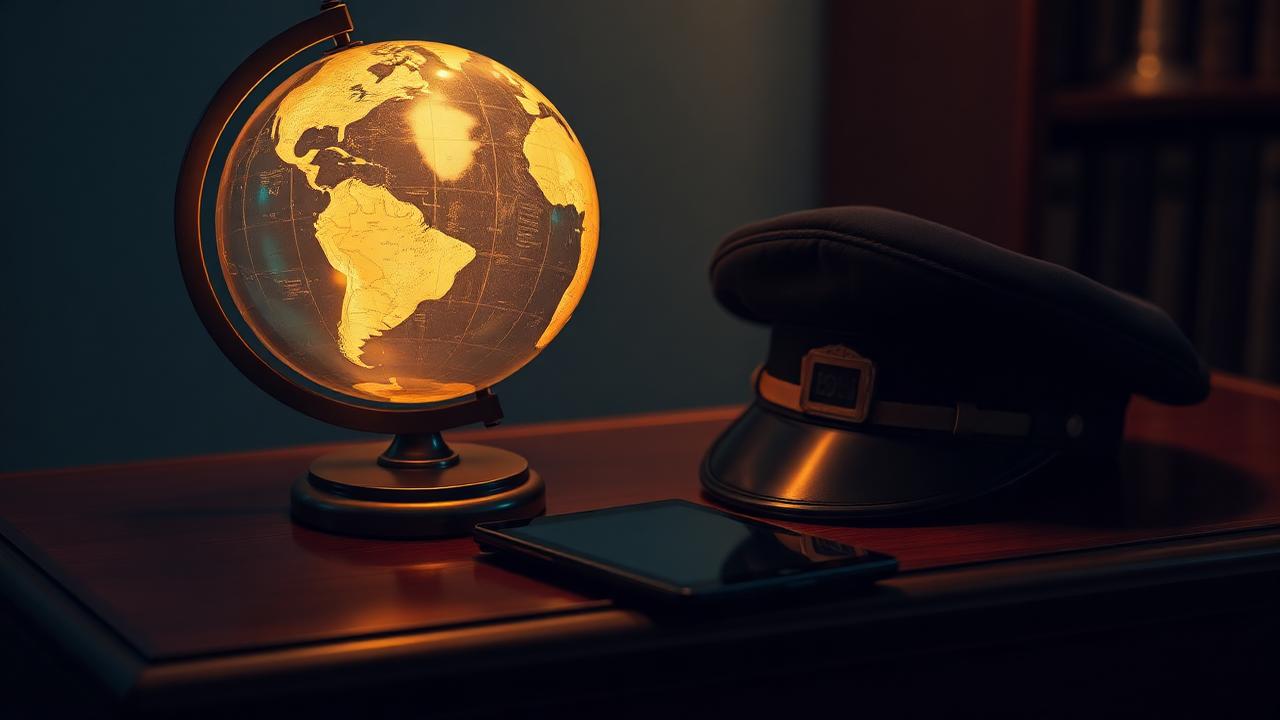 Illuminated globe on desk beside chauffeur cap and tablet under moody lighting