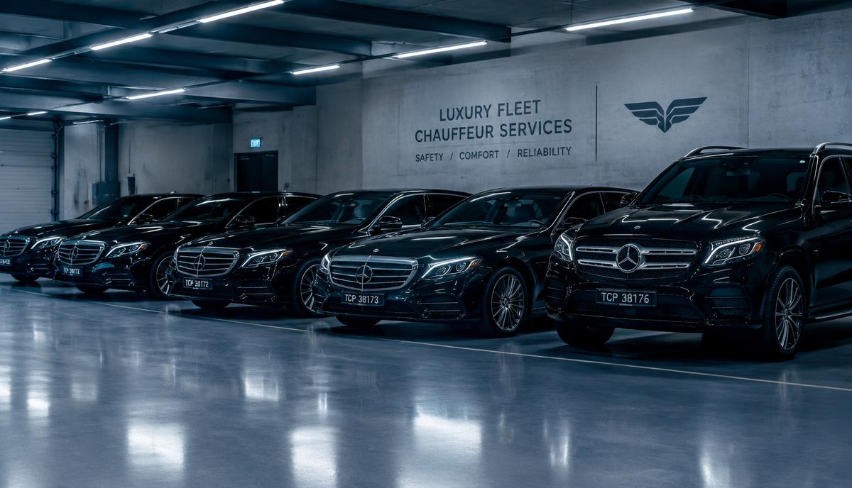 Fleet of black chauffeur vehicles with a vehicle records screen overlay