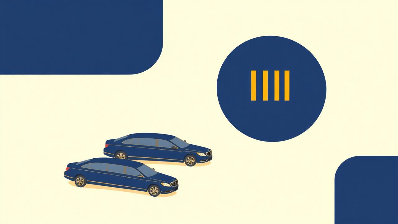 Illustration of a small fleet of chauffeur sedans beside a software switch icon