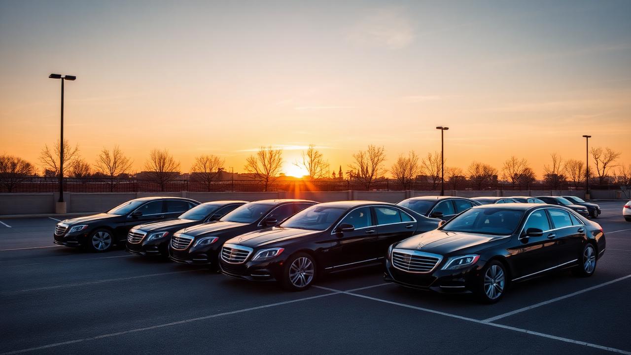 Row of chauffeur sedans expanding from three to twelve vehicles in sunset lot