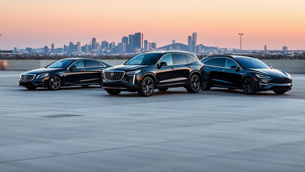 Modern chauffeur fleet lineup at dawn with skyline behind