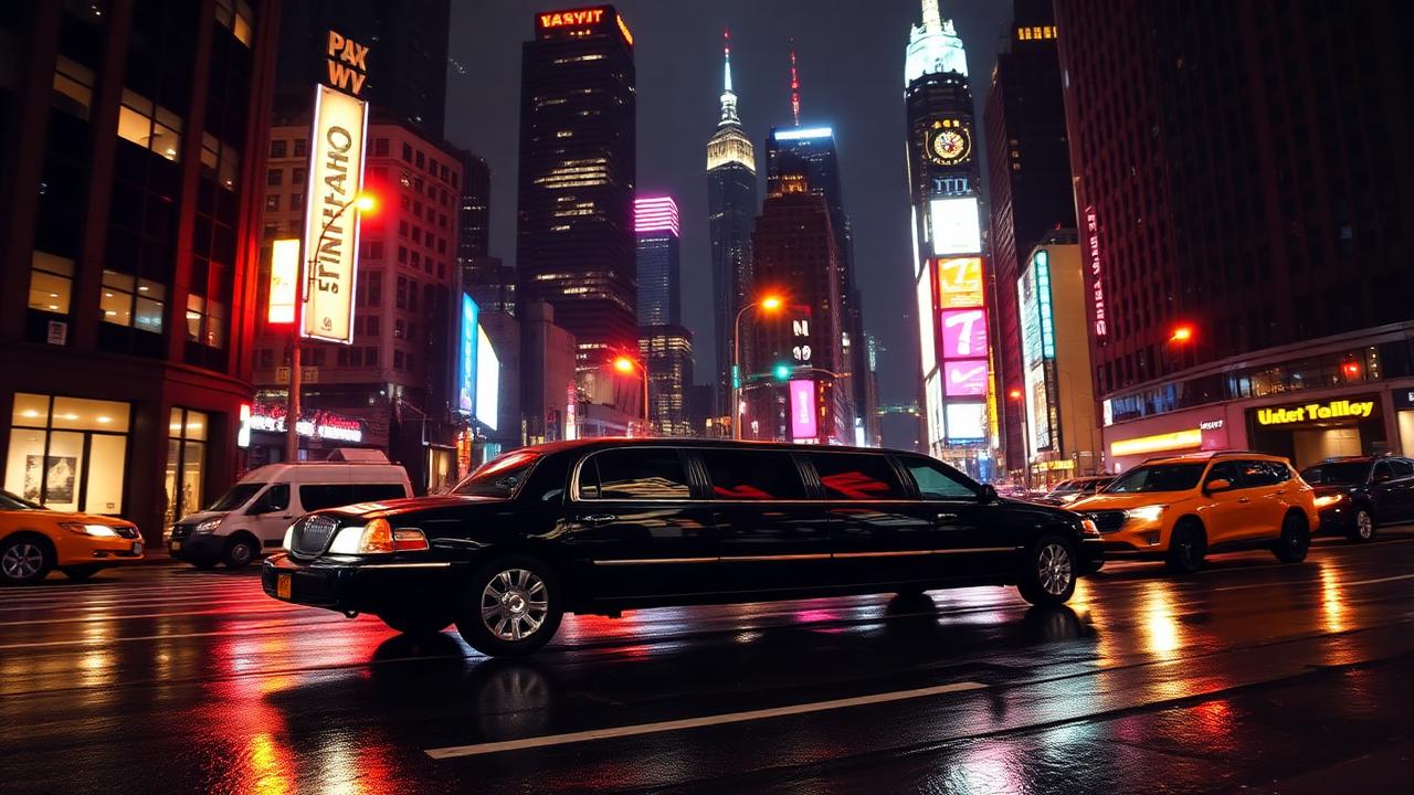 Black stretch limousine on wet Manhattan street reflecting neon lights at night