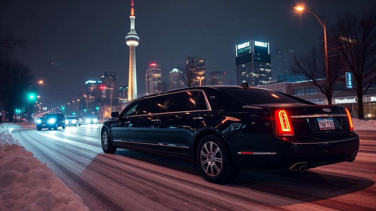 Sleek black limousine on snowy Toronto street at night with CN Tower