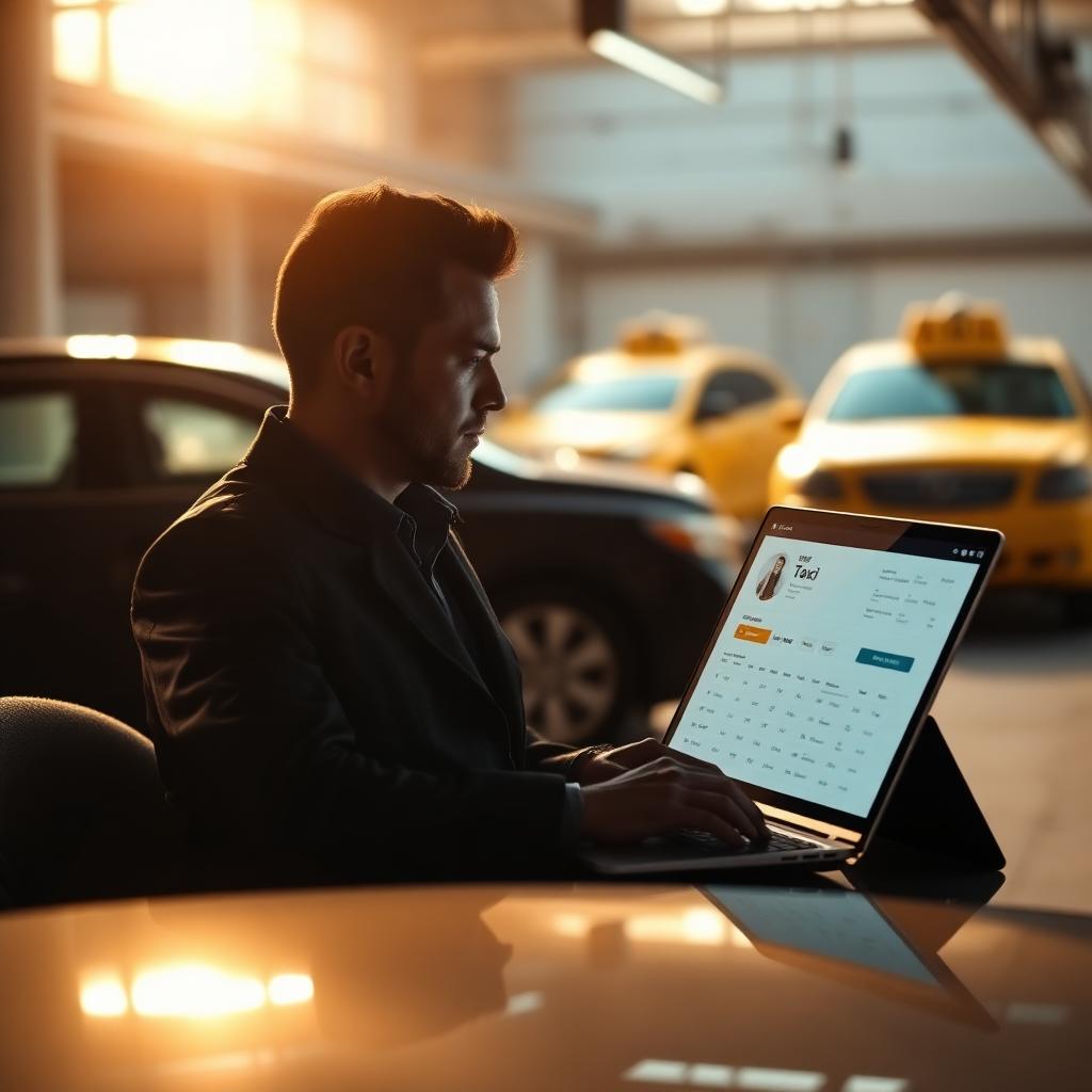 Small fleet owner reviewing a low-cost booking software dashboard on a laptop in a mixed taxi and limo garage at sunrise
