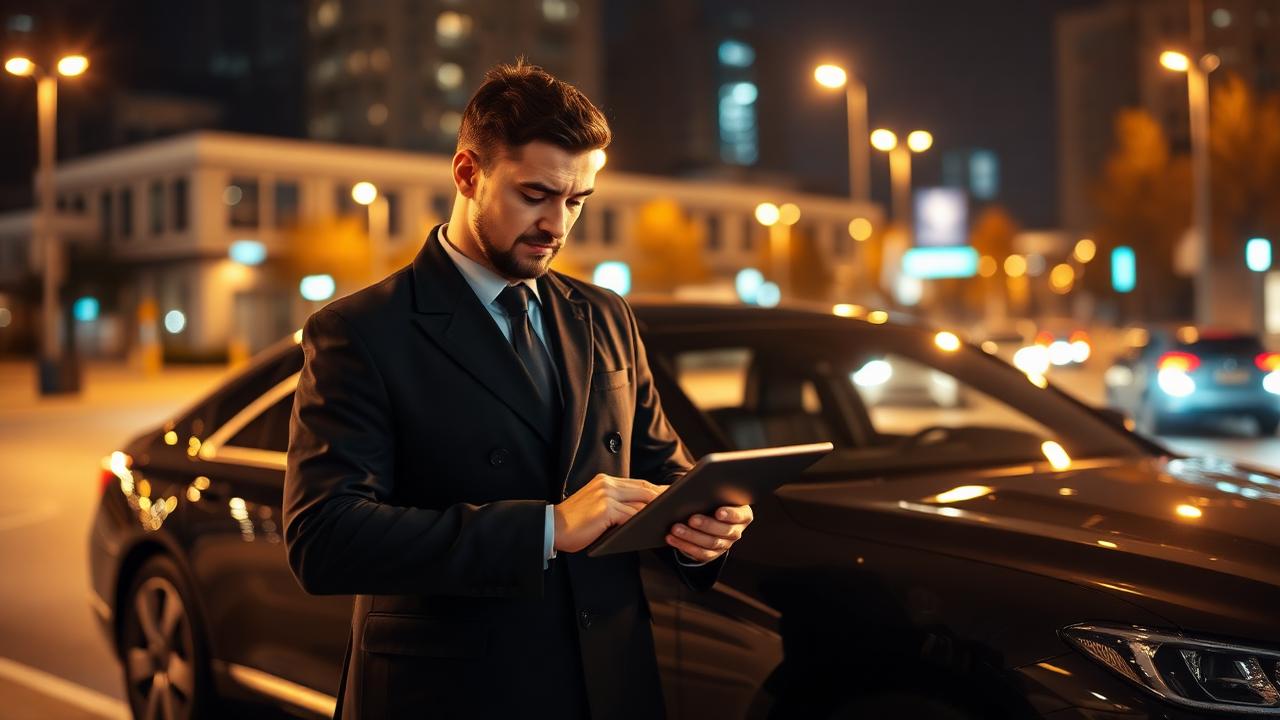 Chauffeur reviewing options on tablet beside luxury car under city lights