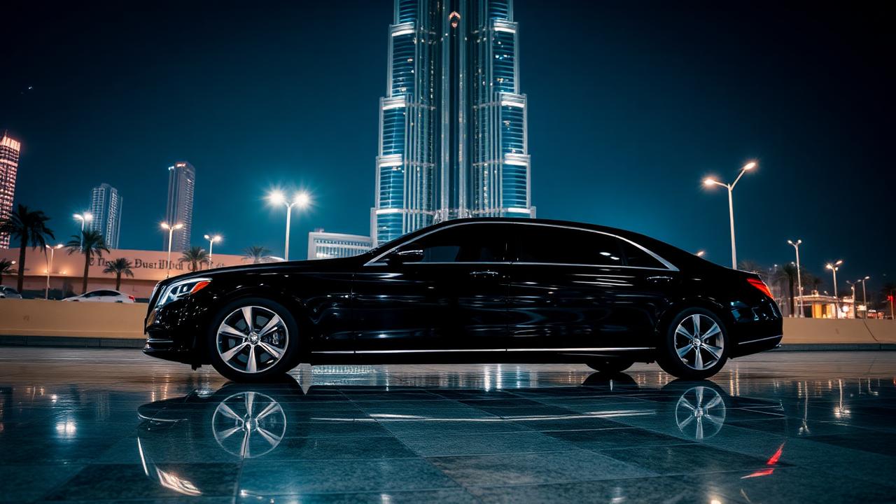 Luxurious black chauffeur car in front of illuminated Burj Khalifa at night