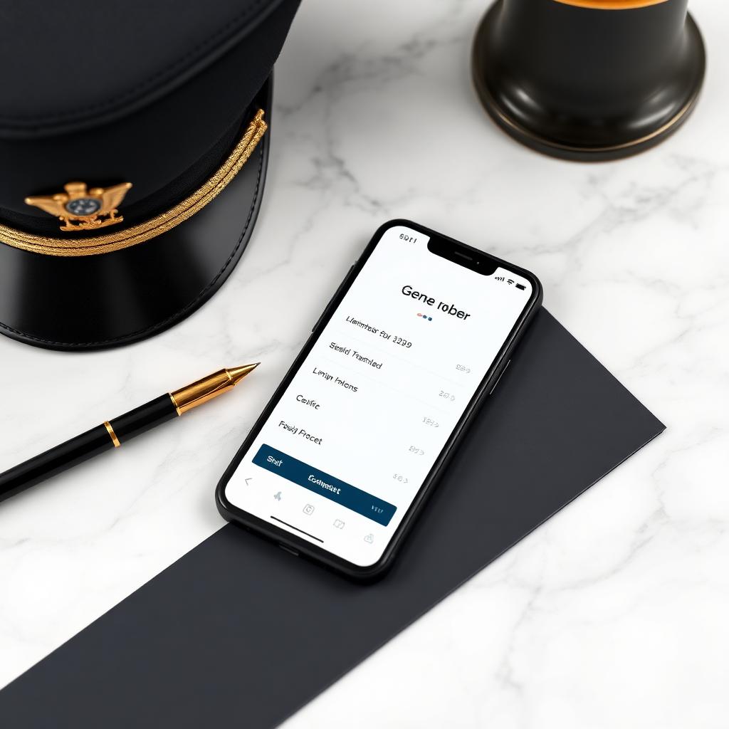 Elegant white-label limo booking app on a smartphone next to a chauffeur cap and gold pen on marble