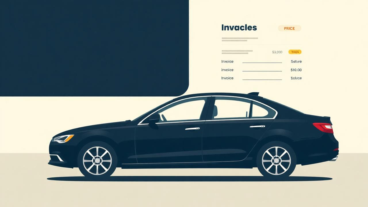 Illustration of a black sedan beside an itemised software invoice