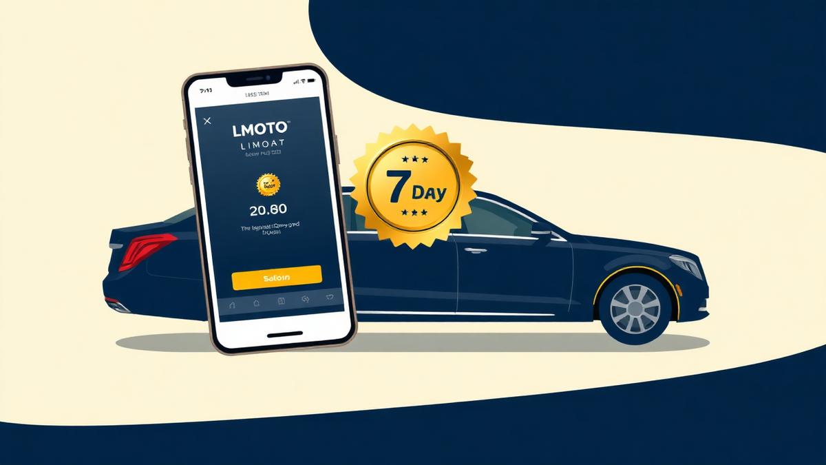 Illustration of a branded limo booking app on a smartphone with a seven-day badge