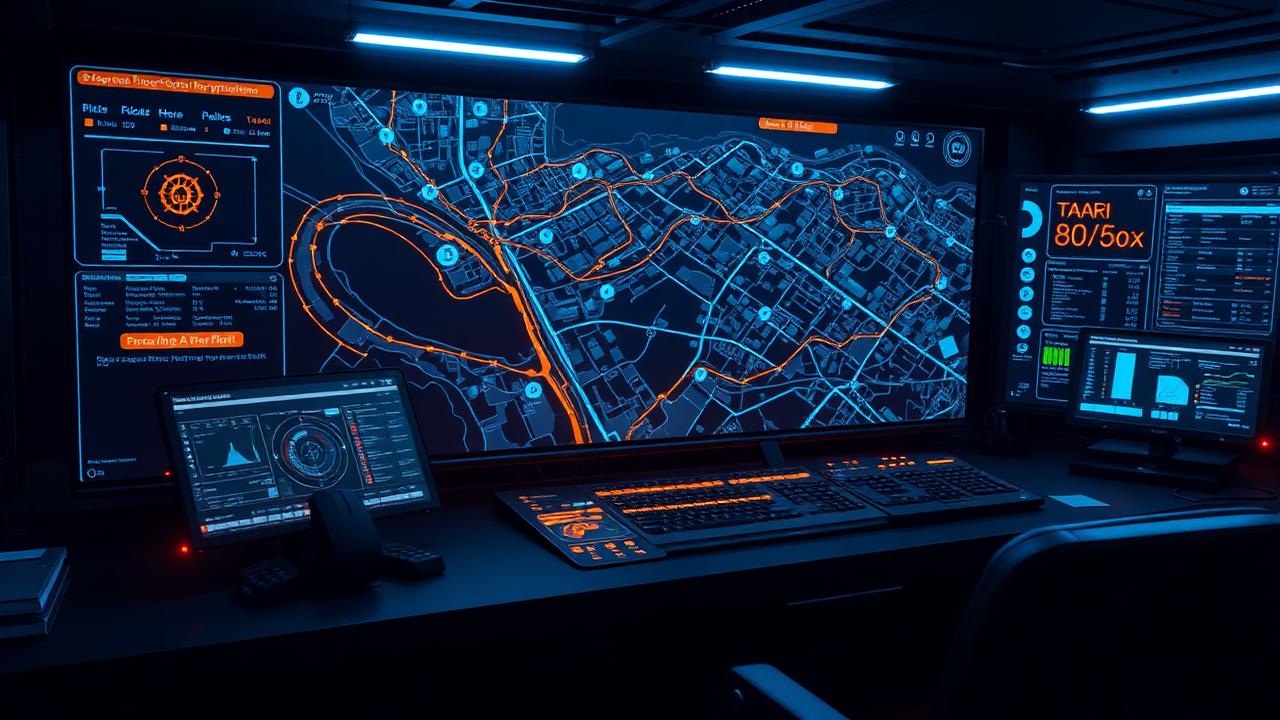 Futuristic dispatch interface with AI route optimization overlay on city map