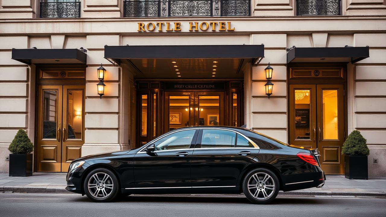 Elegant black sedan in front of a Parisian hotel entrance with warm gaslight