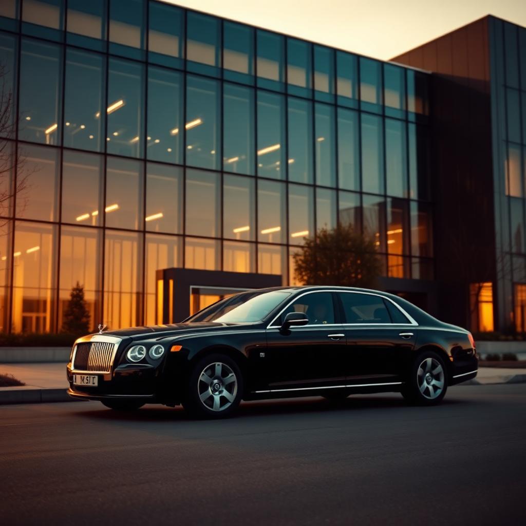 Luxury black chauffeur town car parked in front of a modern glass office building at golden hour