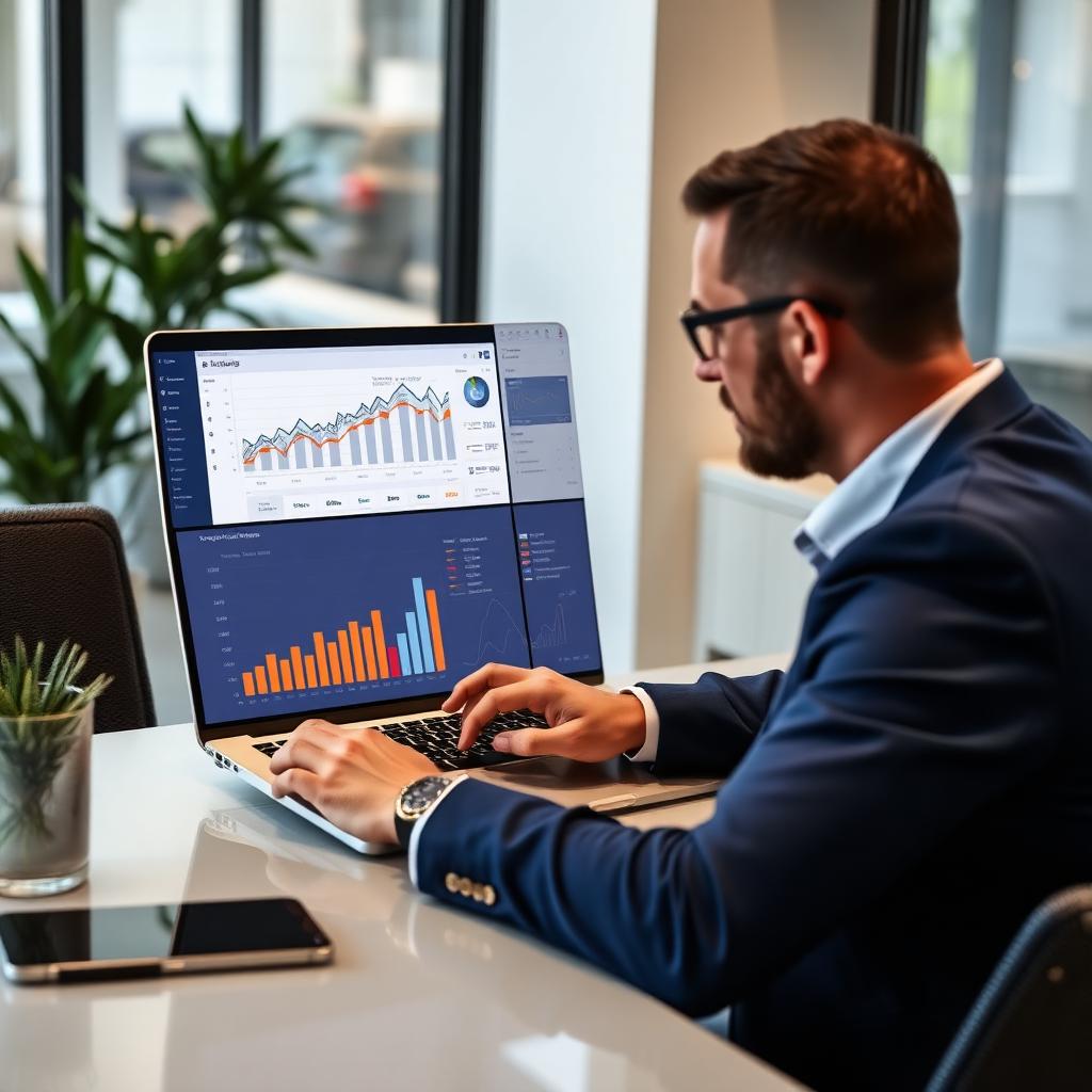 Chauffeur fleet manager reviewing KPI dashboard on laptop in modern office