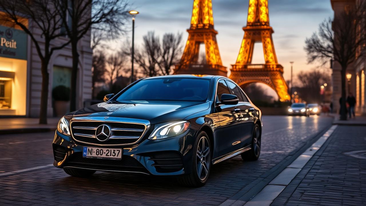 Executive Mercedes on cobblestone Parisian street with Eiffel Tower at dusk