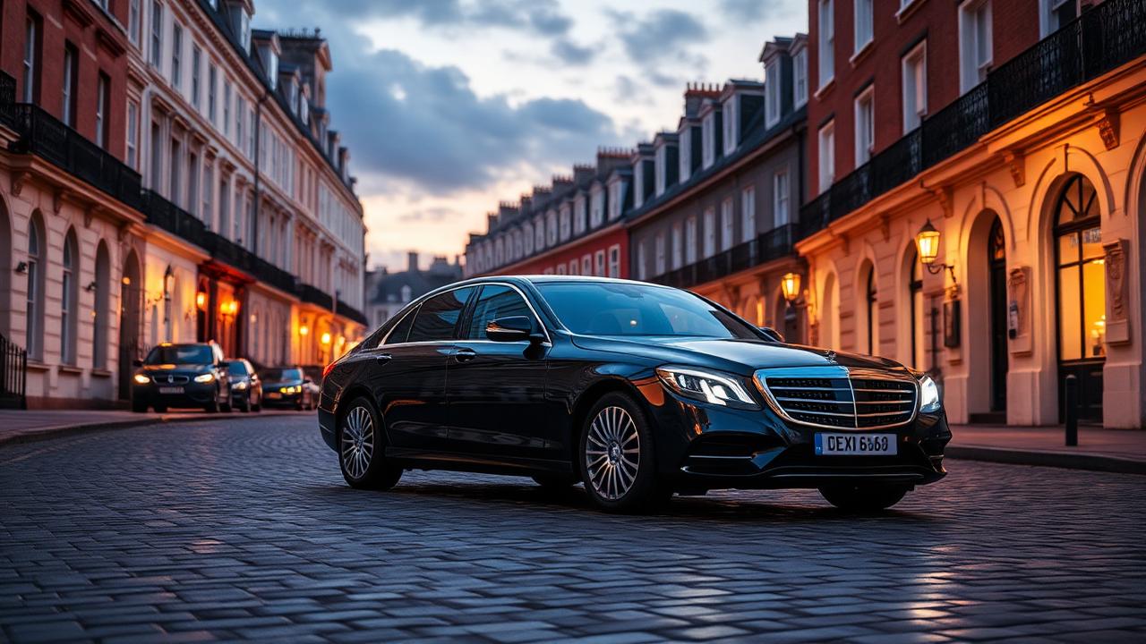 Executive black car on Dublin cobblestone street at twilight with Georgian townhouses
