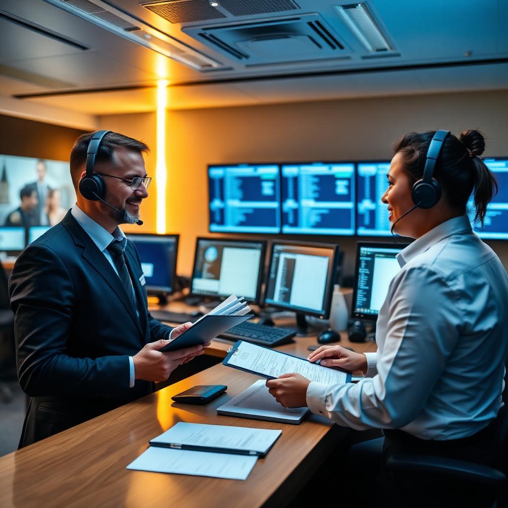 Two chauffeur dispatchers handing over a shift in a modern operations room