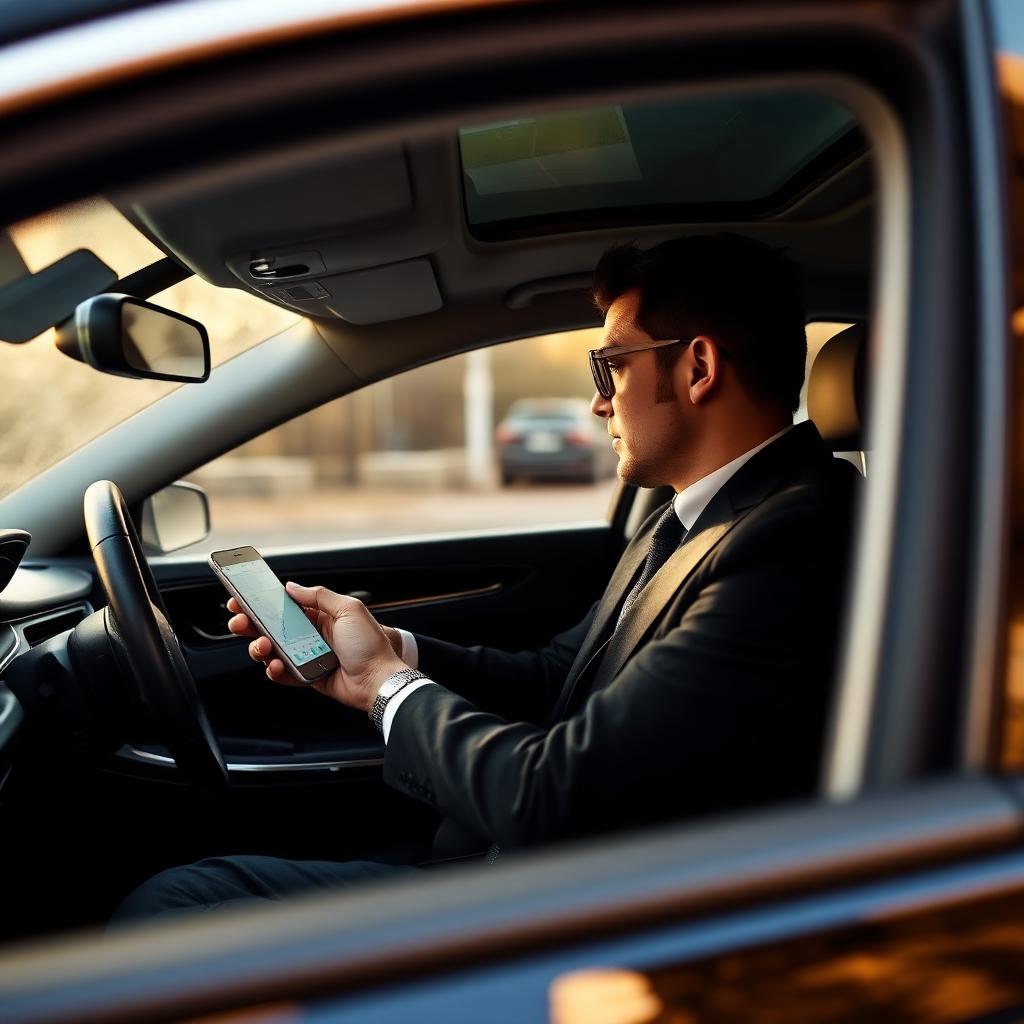 Chauffeur in dark suit using dispatch driver app inside luxury sedan