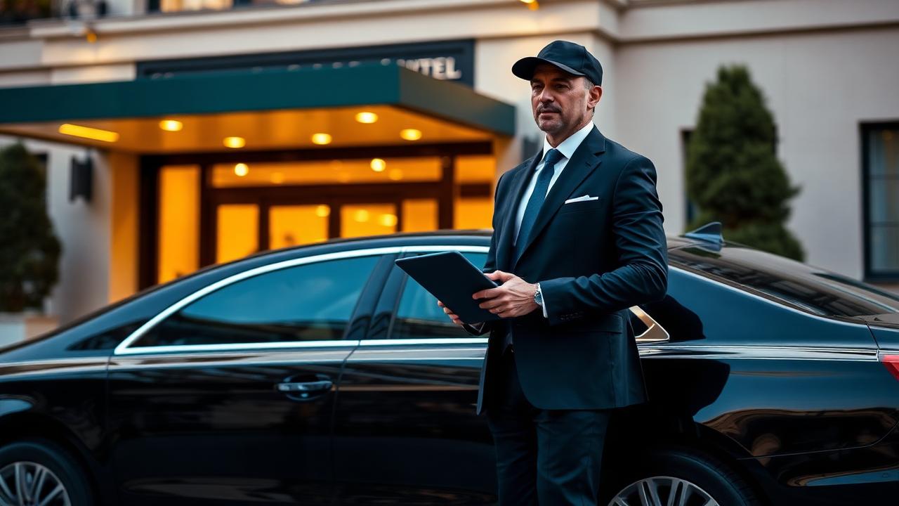 Chauffeur in dark suit holding tablet beside black executive sedan at hotel entrance