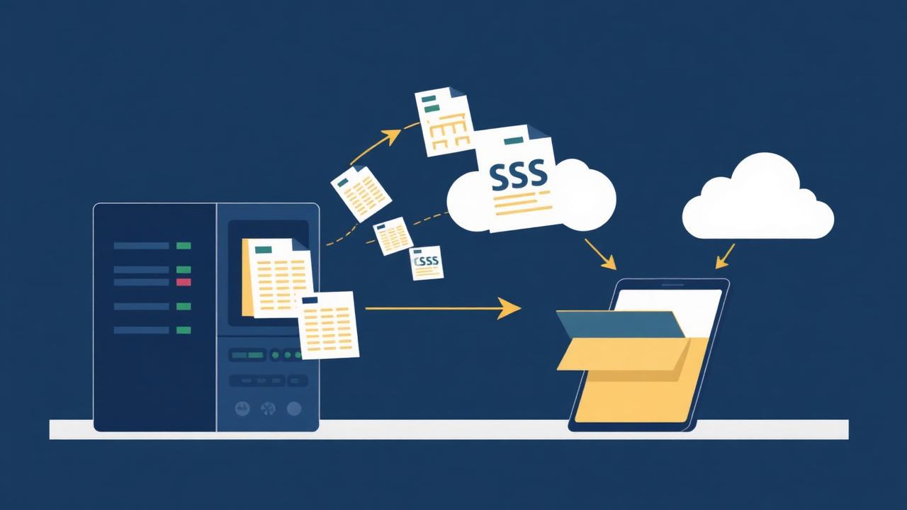 Illustration of data files being exported from a legacy system into a modern dispatch platform