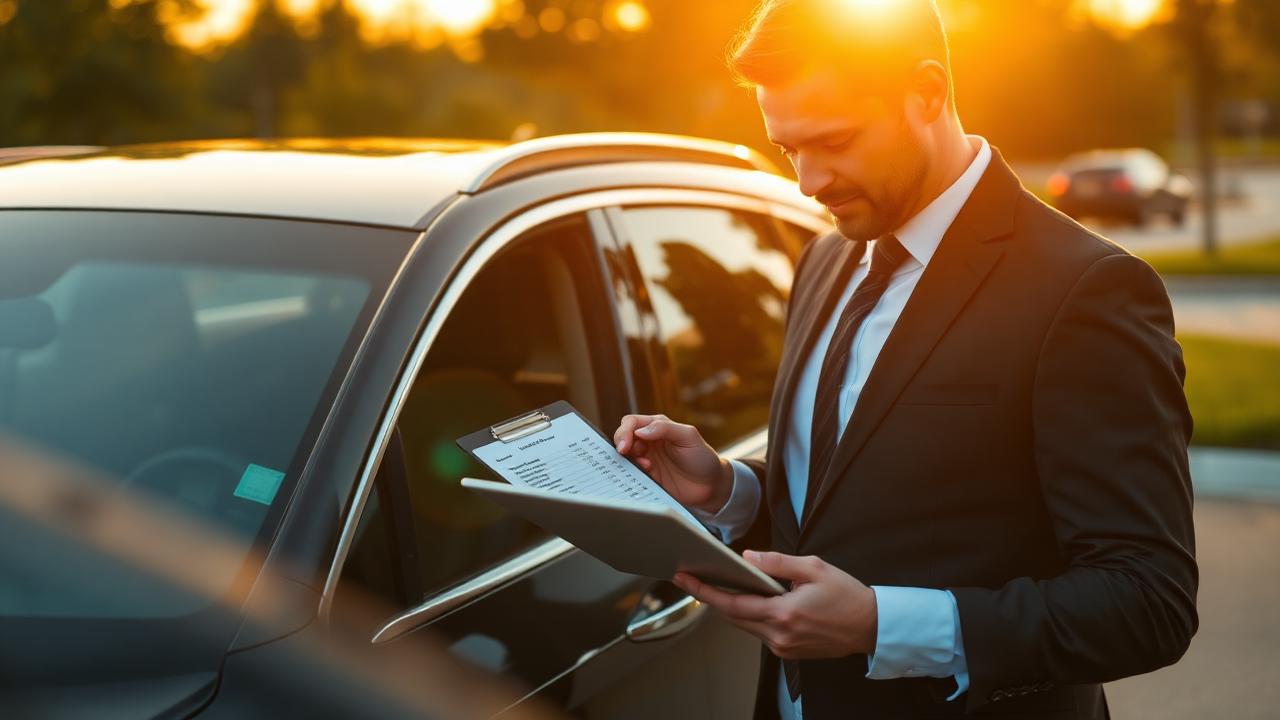 Chauffeur reviewing pricing sheet on tablet beside luxury car in sunset light