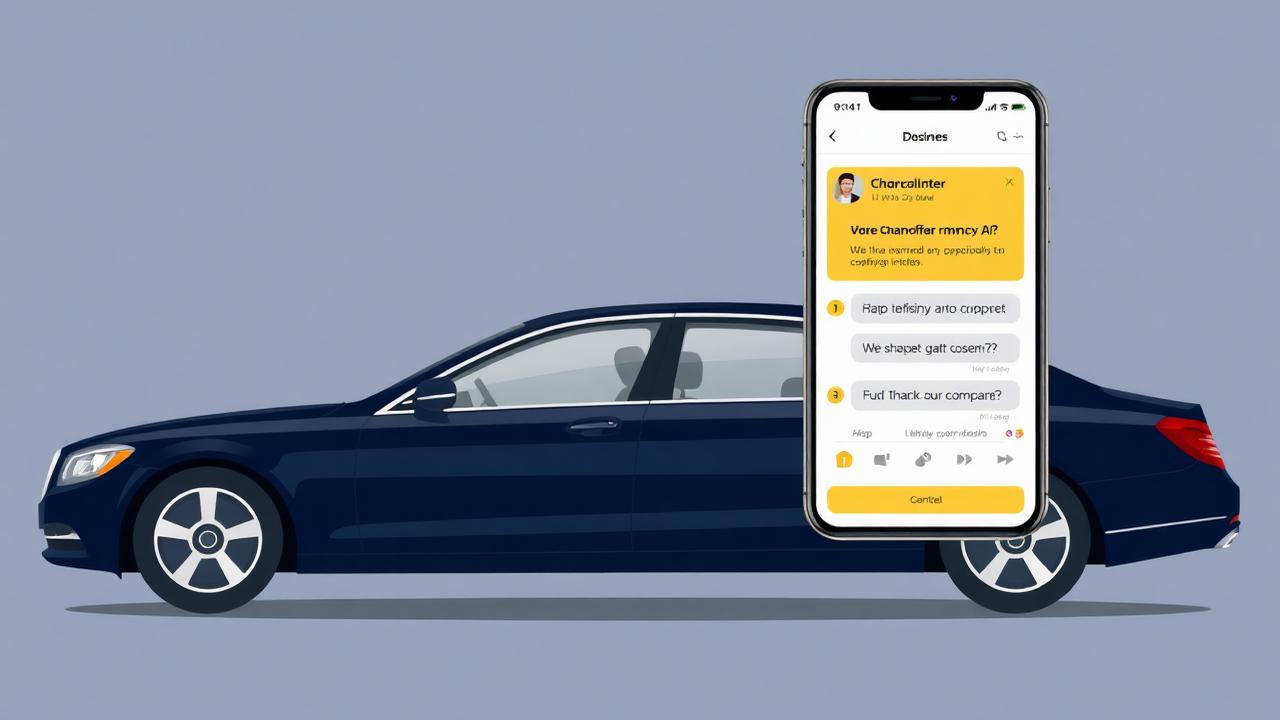 Illustration of a black luxury sedan beside a phone showing an AI assistant recommending a chauffeur company
