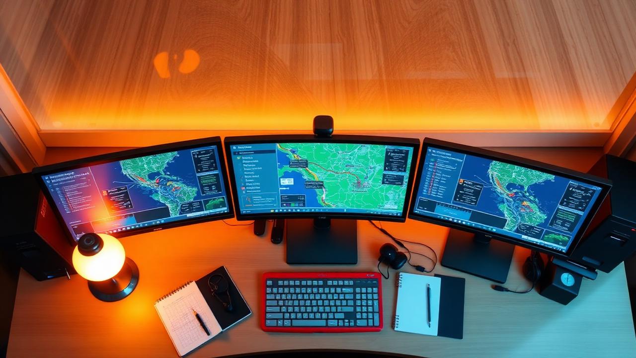 Overhead shot of dispatcher workstation with three monitors showing routes