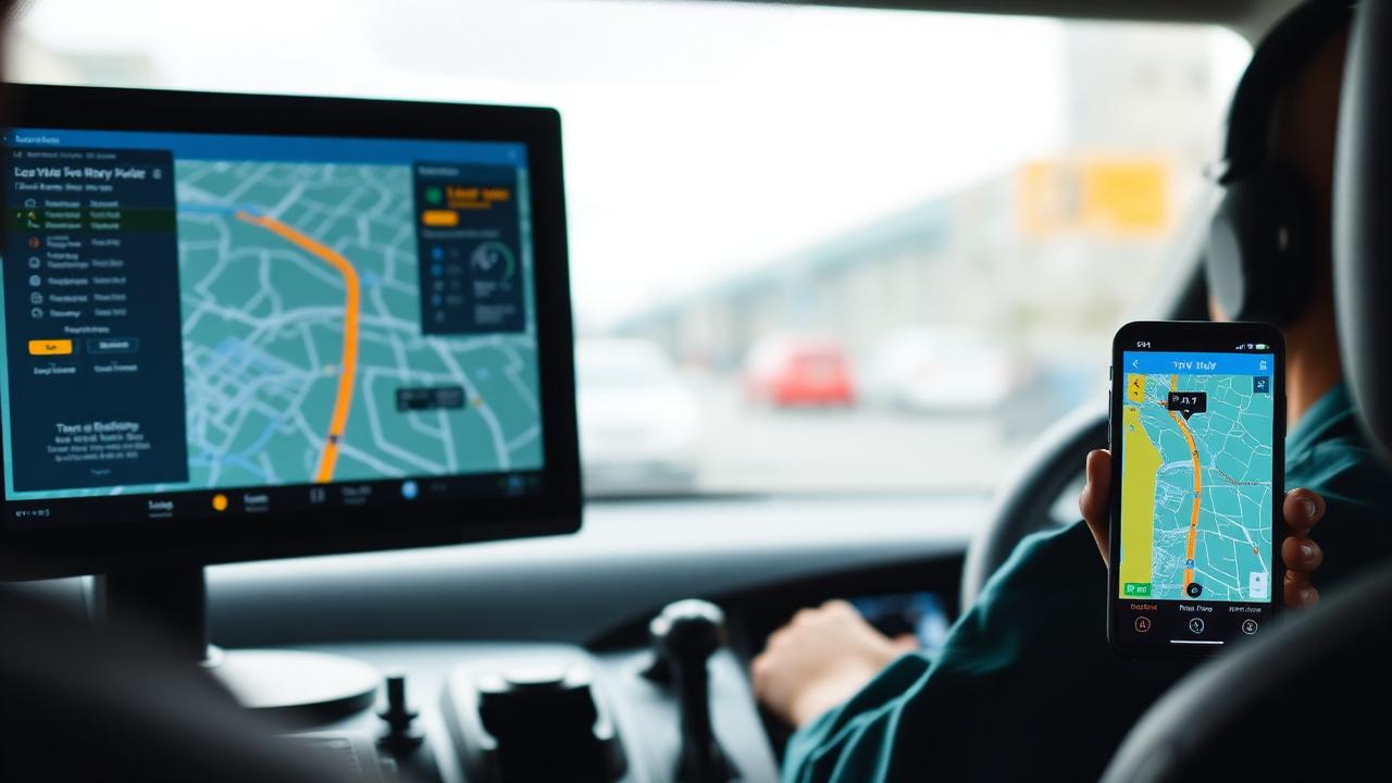 Split screen showing dispatcher monitor and driver phone with matching trip map