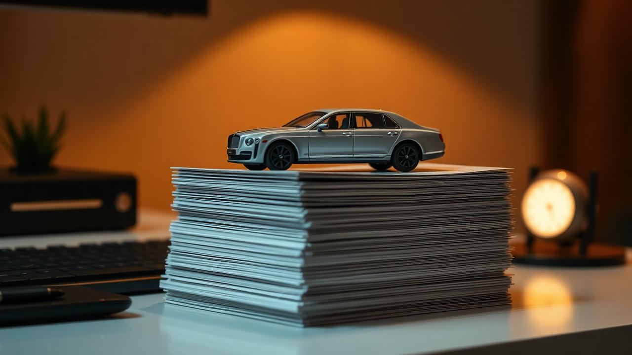 Stack of subscription plan cards on desk with small model limousine on top