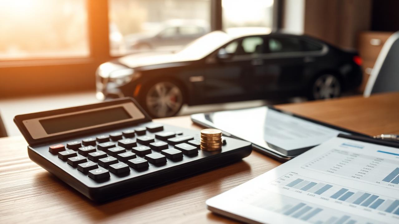 Calculator, coins and spreadsheet on desk with black car in background