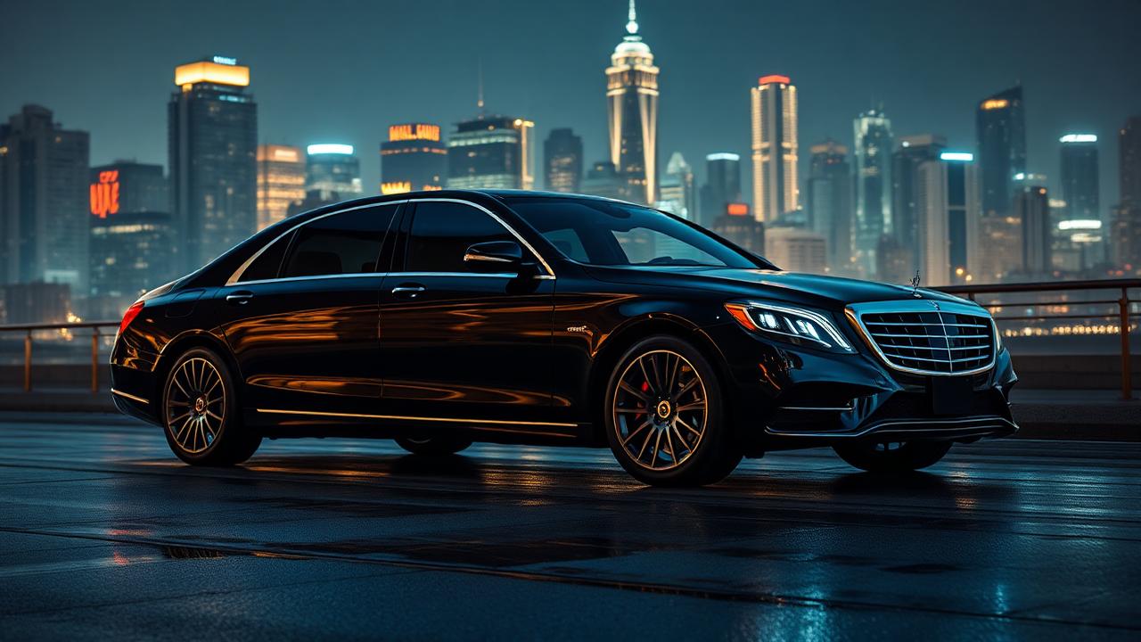 Sleek black chauffeur sedan in front of downtown night skyline