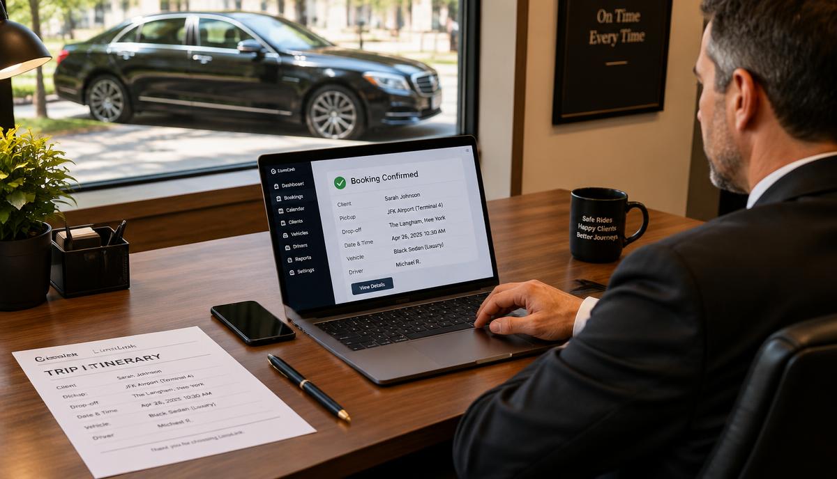 Operator confirming a limo booking on a laptop with a job board open