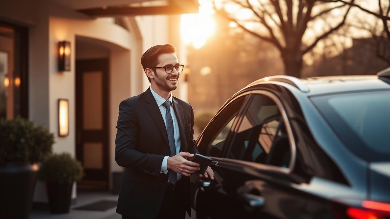 Business passenger being greeted by chauffeur outside boutique hotel at sunrise