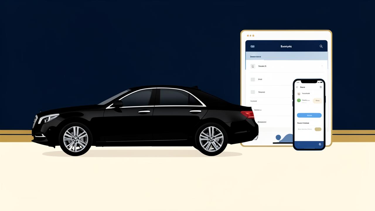 Black chauffeur sedan beside a simplified booking dashboard and driver app screen