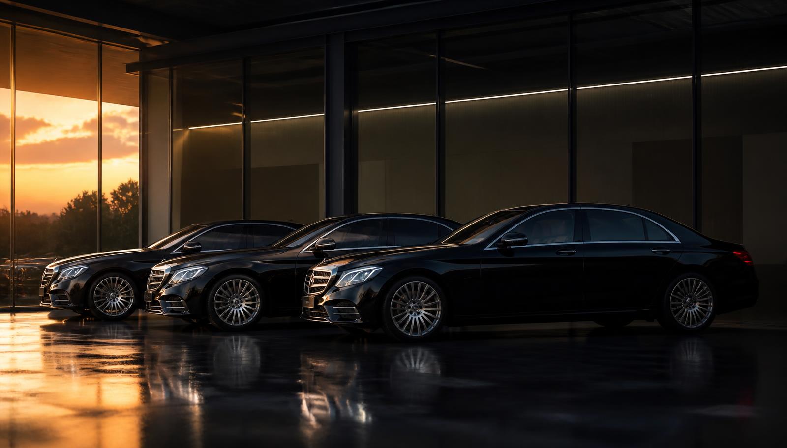 Three black executive chauffeur sedans lined up in a glass-walled depot at dusk