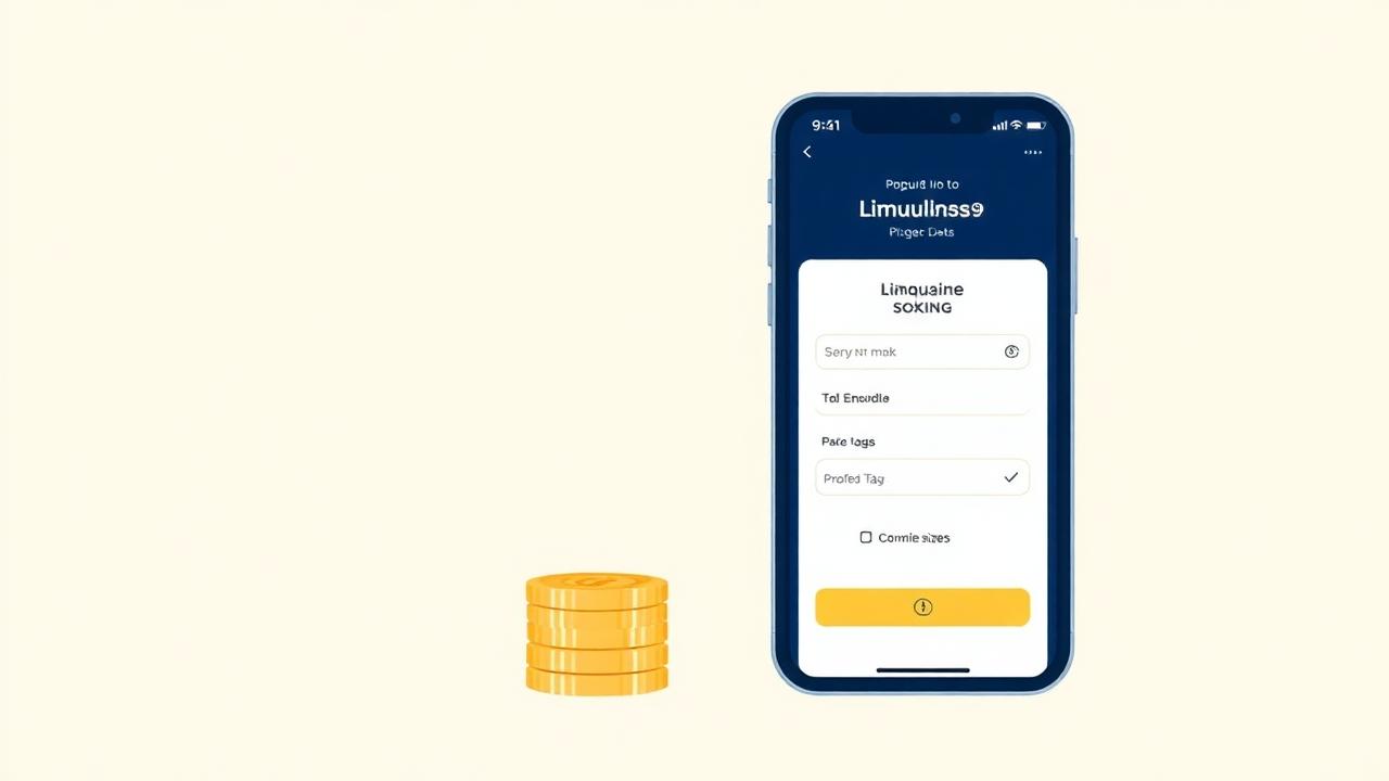 Illustration of coins beside a smartphone showing a limousine booking form