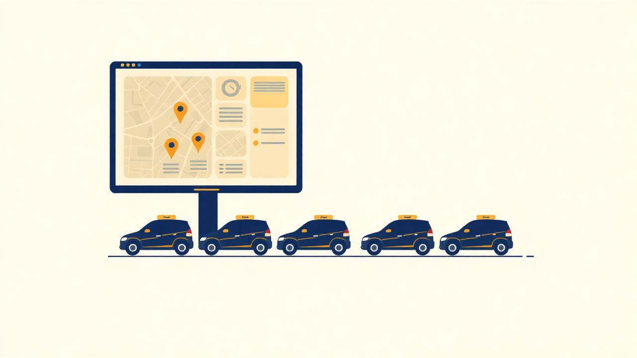 Illustration of a dispatch board with map pins beside a row of small fleet chauffeur vehicles