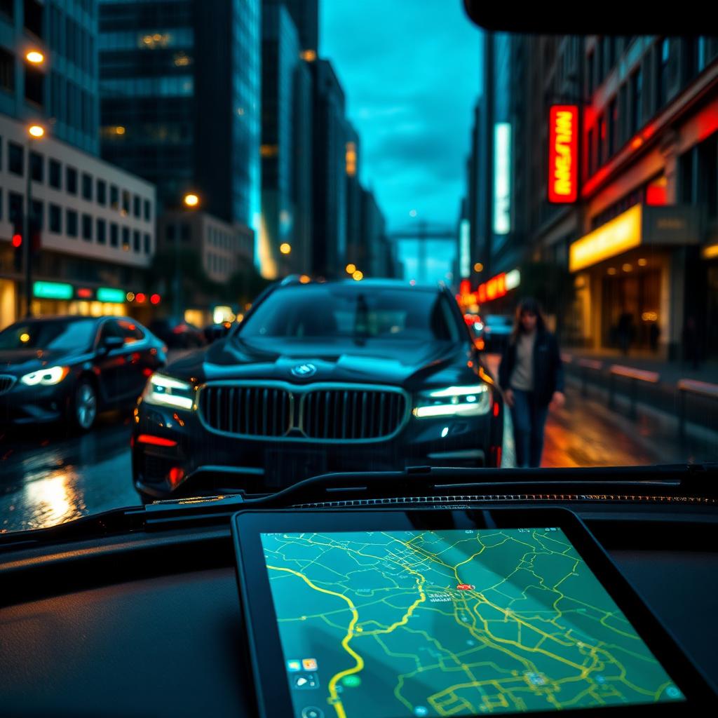Chauffeur SUV on a city street at dusk with a dispatch tablet glowing on the dashboard