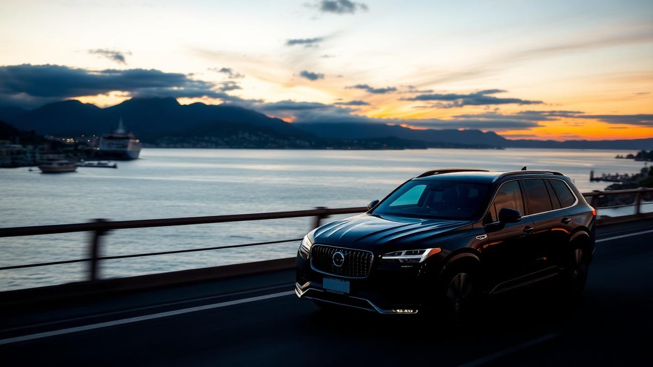 Luxury black SUV on Auckland waterfront highway at sunset