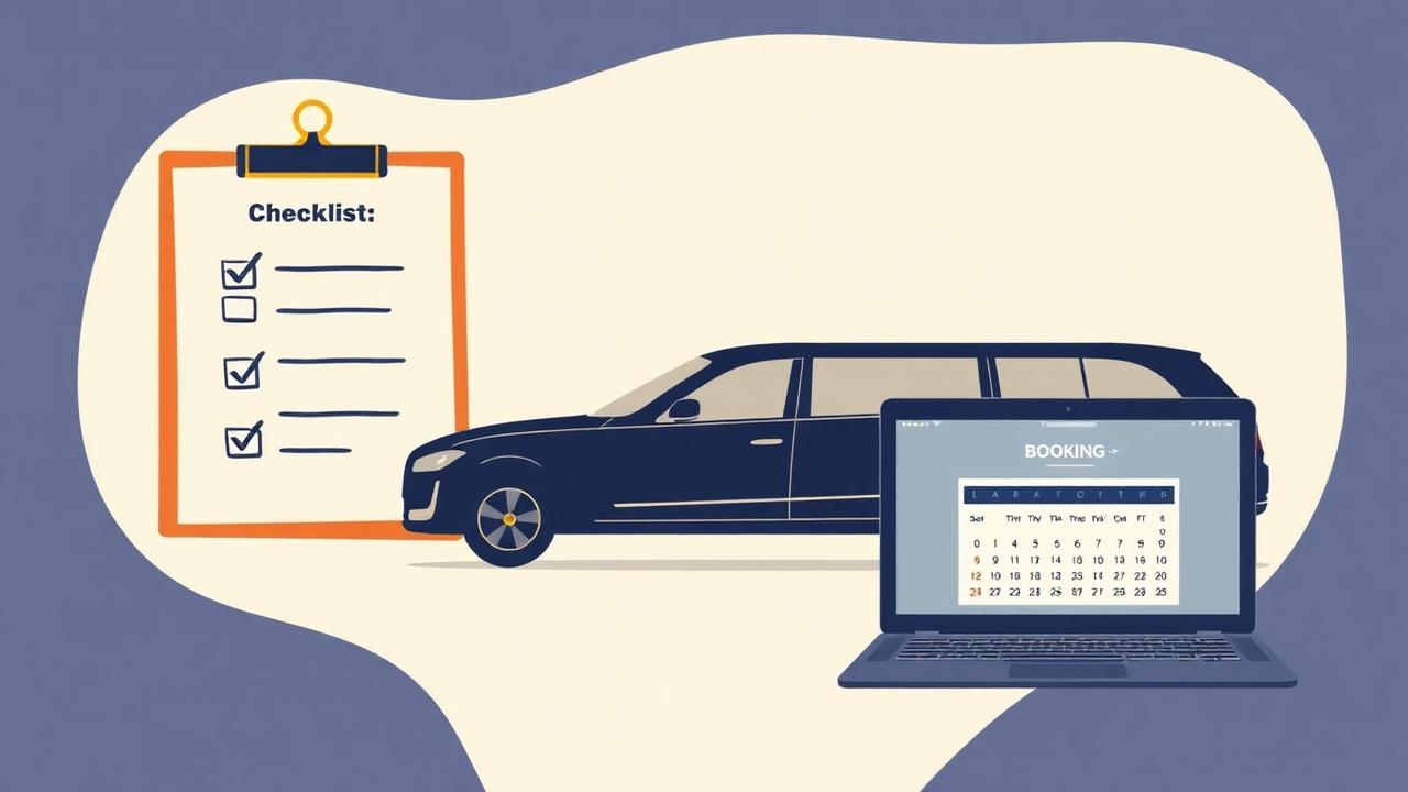 Illustration of a selection checklist beside a limousine and a laptop showing a booking calendar