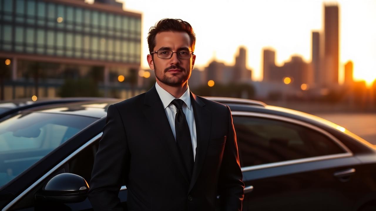 Chauffeur in navy suit beside executive sedan with sunset cityscape behind
