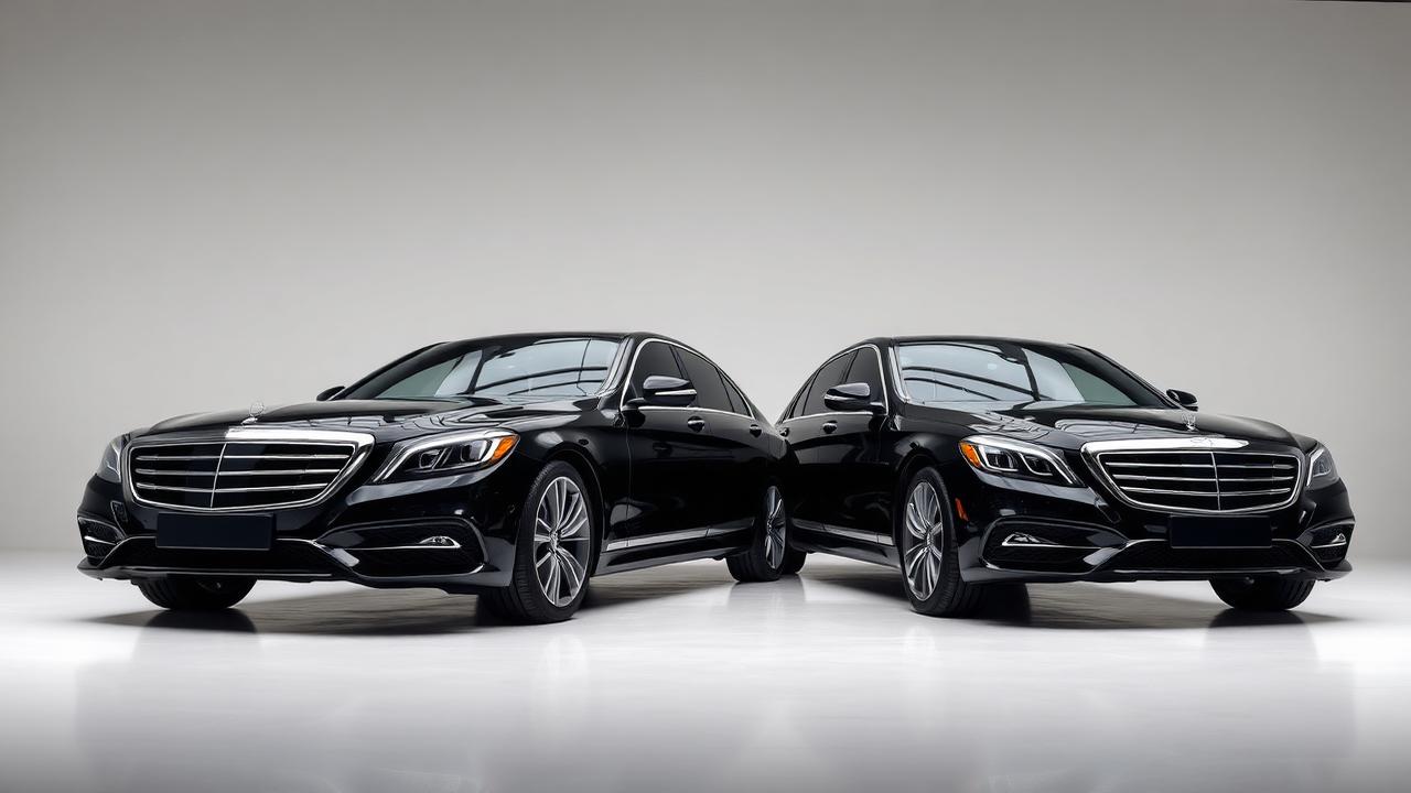 Two identical luxury black sedans parked side by side in studio lighting