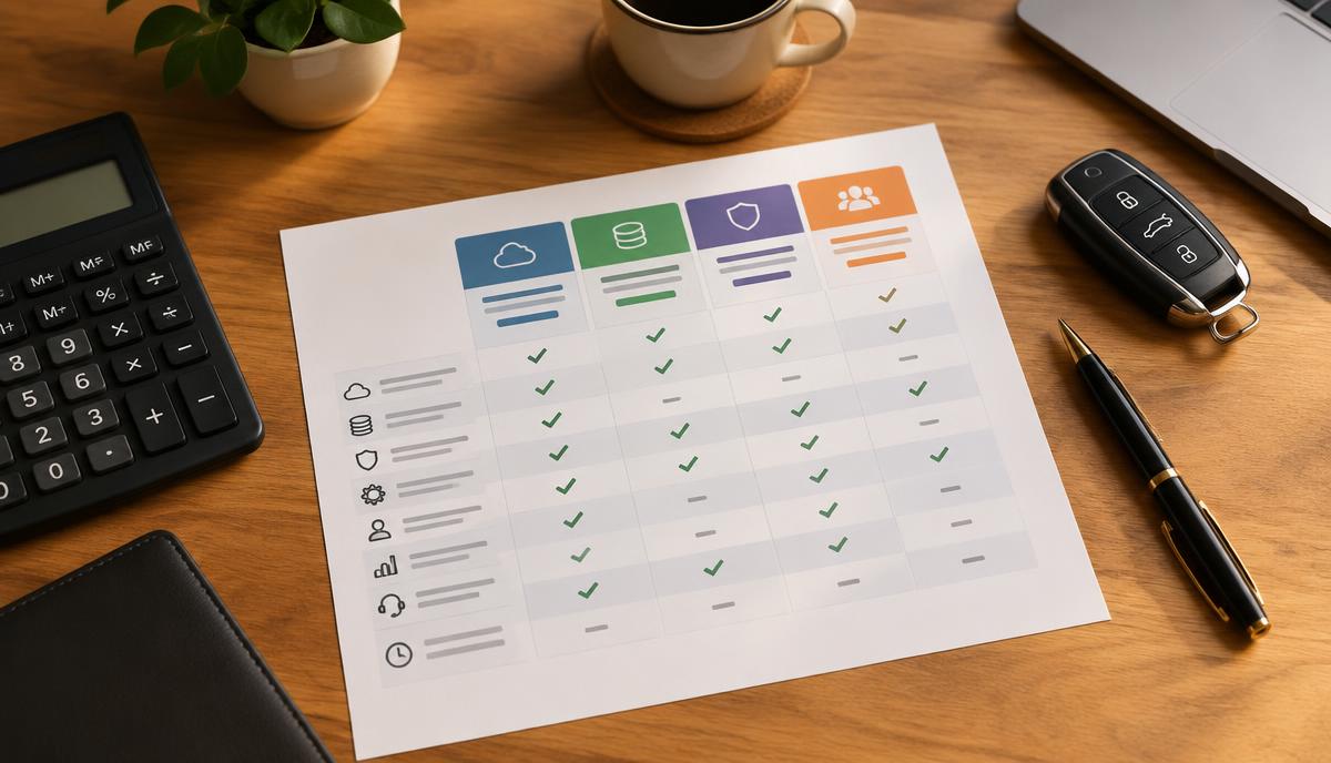 Price comparison sheet for limo management systems on a desk